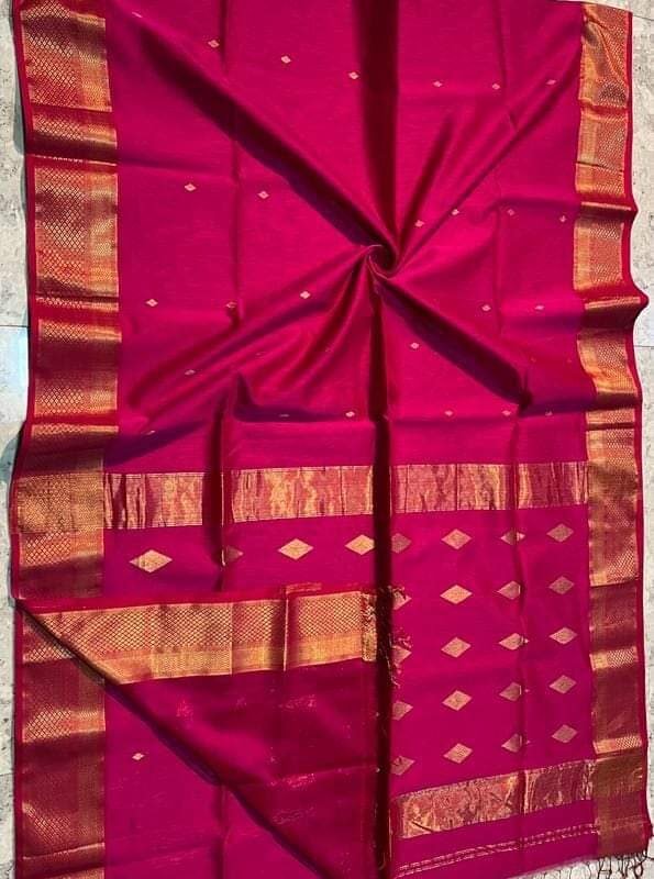 Maheshwari Design Handloom Cotton Silk Sari with Blouse Piece - Rose Red