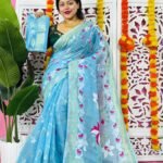 Shiuli Soft Dhakai Jamdani Sari with Blouse Piece - Sky Blue