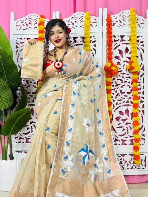 Shiuli Soft Dhakai Jamdani Sari with Blouse Piece - Vanilla