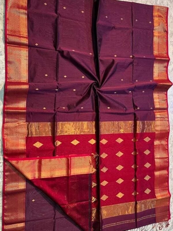 Maheshwari Design Handloom Cotton Silk Sari with Blouse Piece - Velvet Maroon