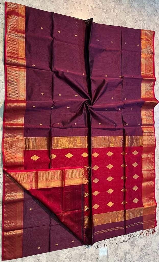 Maheshwari Design Handloom Cotton Silk Sari with Blouse Piece - Velvet Maroon