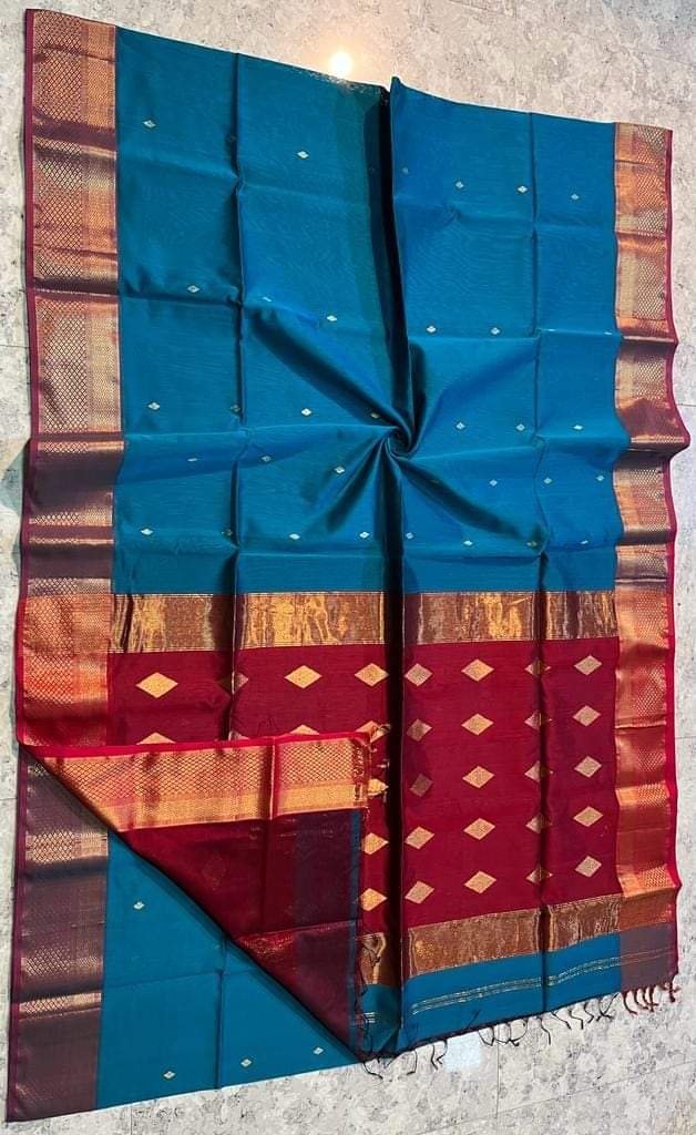 Maheshwari Design Handloom Cotton Silk Sari with Blouse Piece - Venice Blue
