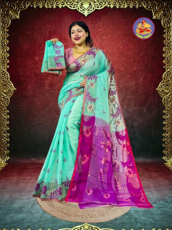 Shiuli Soft Dhakai Jamdani Sari with Blouse Piece - Water Leaf