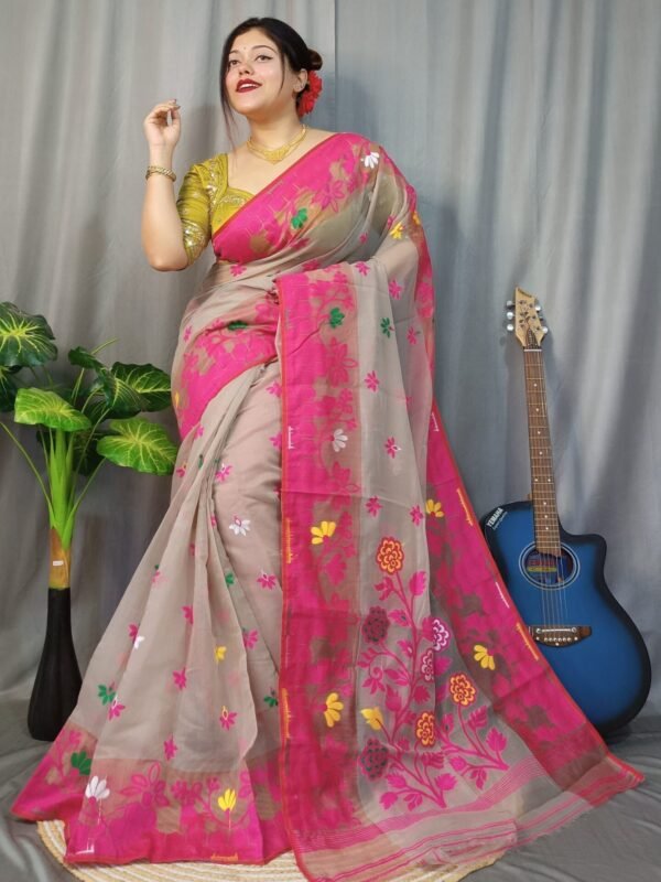Marigold Soft Rodeo Dust Dhakai Jamdani Saree