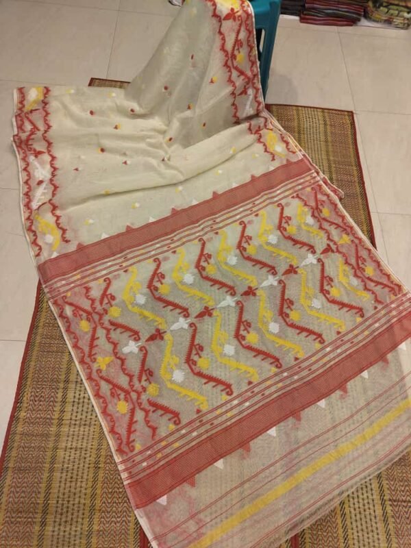 Korat Buti Soft Dhakai Jamdani Sari with Blouse Piece - Vanilla