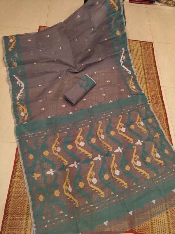Korat Buti Soft Dhakai Jamdani Sari with Blouse Piece - Wenge