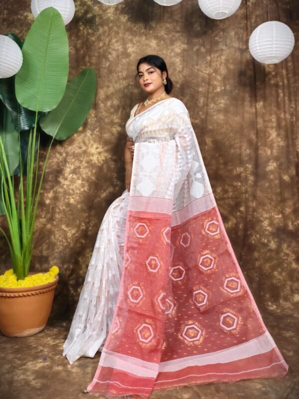 Body Mina Soft Zari Work Jamdani Sari with Blouse Piece - White