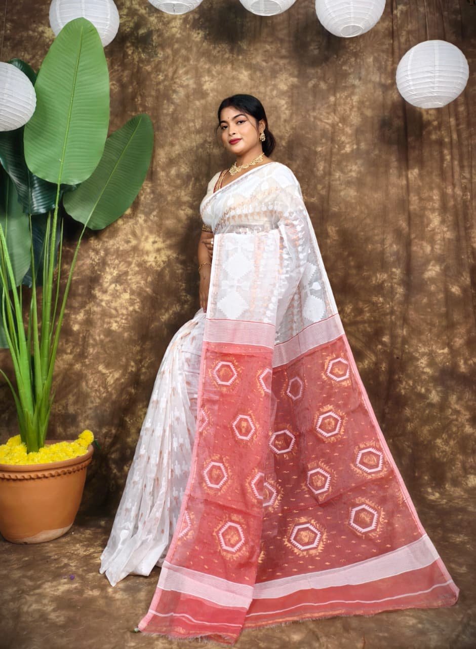 Body Mina Soft Zari Work Jamdani Sari with Blouse Piece - White