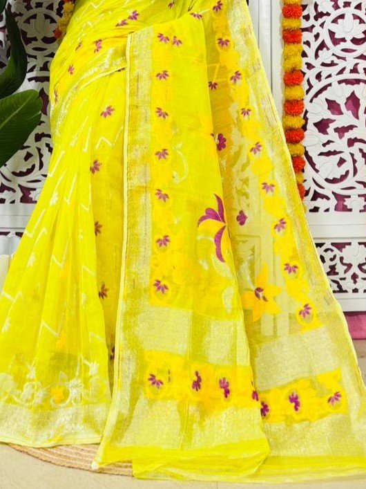 Shiuli Soft Dhakai Jamdani Sari with Blouse Piece - Yellow