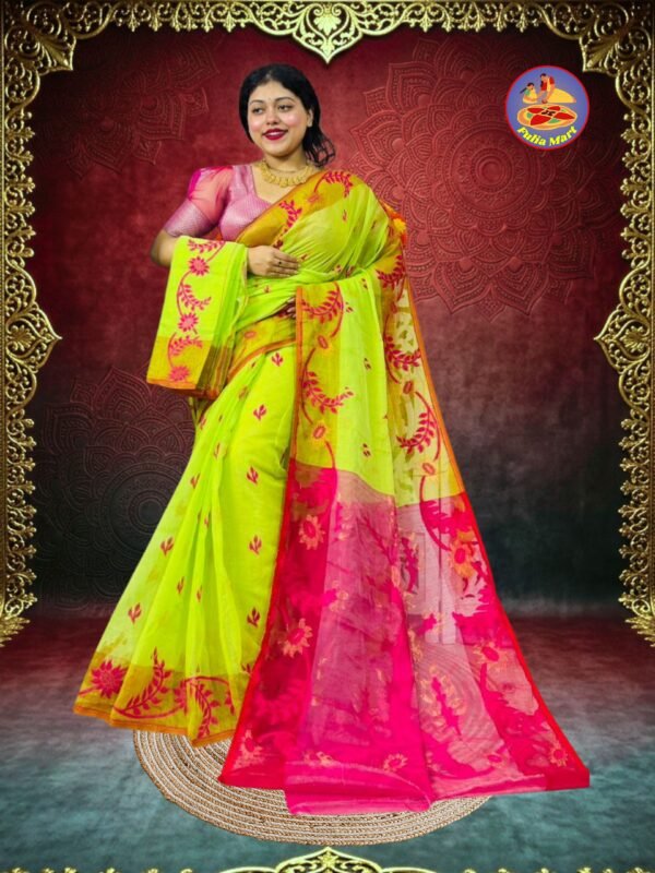 Shiuli Soft Dhakai Jamdani Sari with Blouse Piece - Yellowish Green
