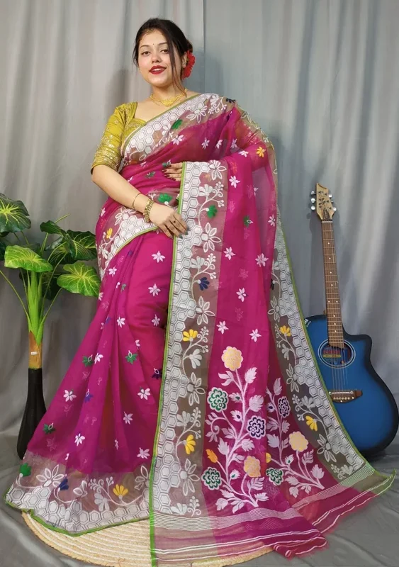 Marigold Soft Rich Maroon Dhakai Jamdani Saree