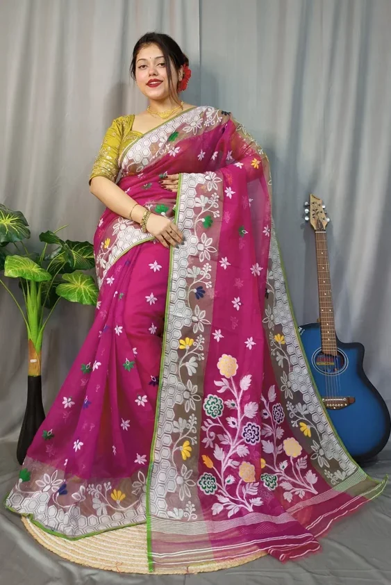 Marigold Soft Rich Maroon Dhakai Jamdani Saree