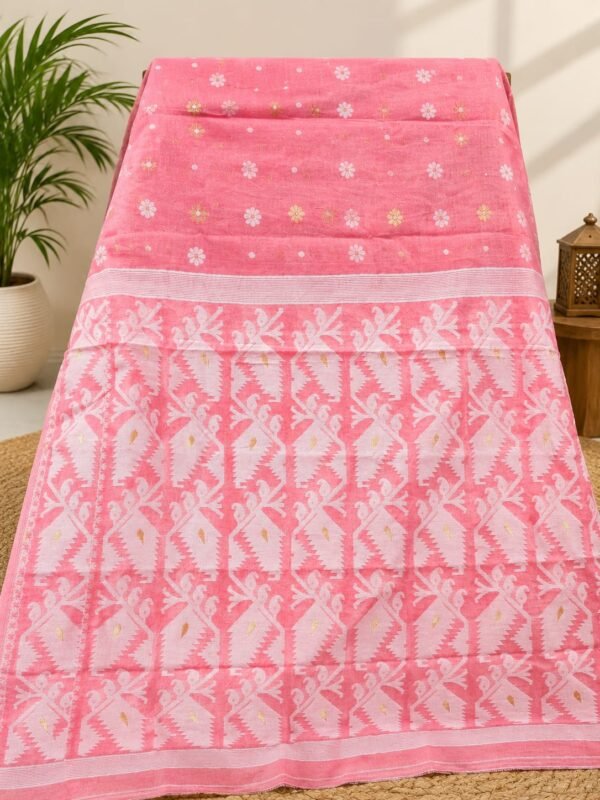 Tomato Soft Buti Korat Jamdani Saree With Blouse Piece