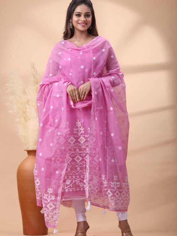 2 Piece Unstitched Jamdani Churidar Set - Bashful Pink