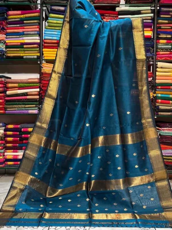 Maheshwari Design Handloom Cotton Silk Sari with Blouse Piece - Blue Whale