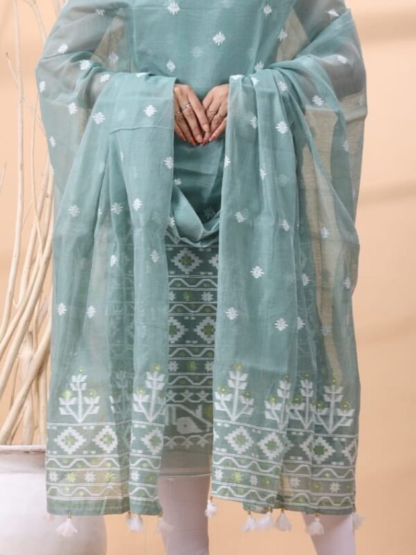2 Piece Unstitched Jamdani Churidar Set - Bluish Grey