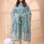 2 Piece Unstitched Jamdani Churidar Set - Bluish Grey