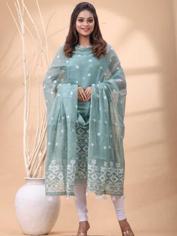 2 Piece Unstitched Jamdani Churidar Set - Bluish Grey
