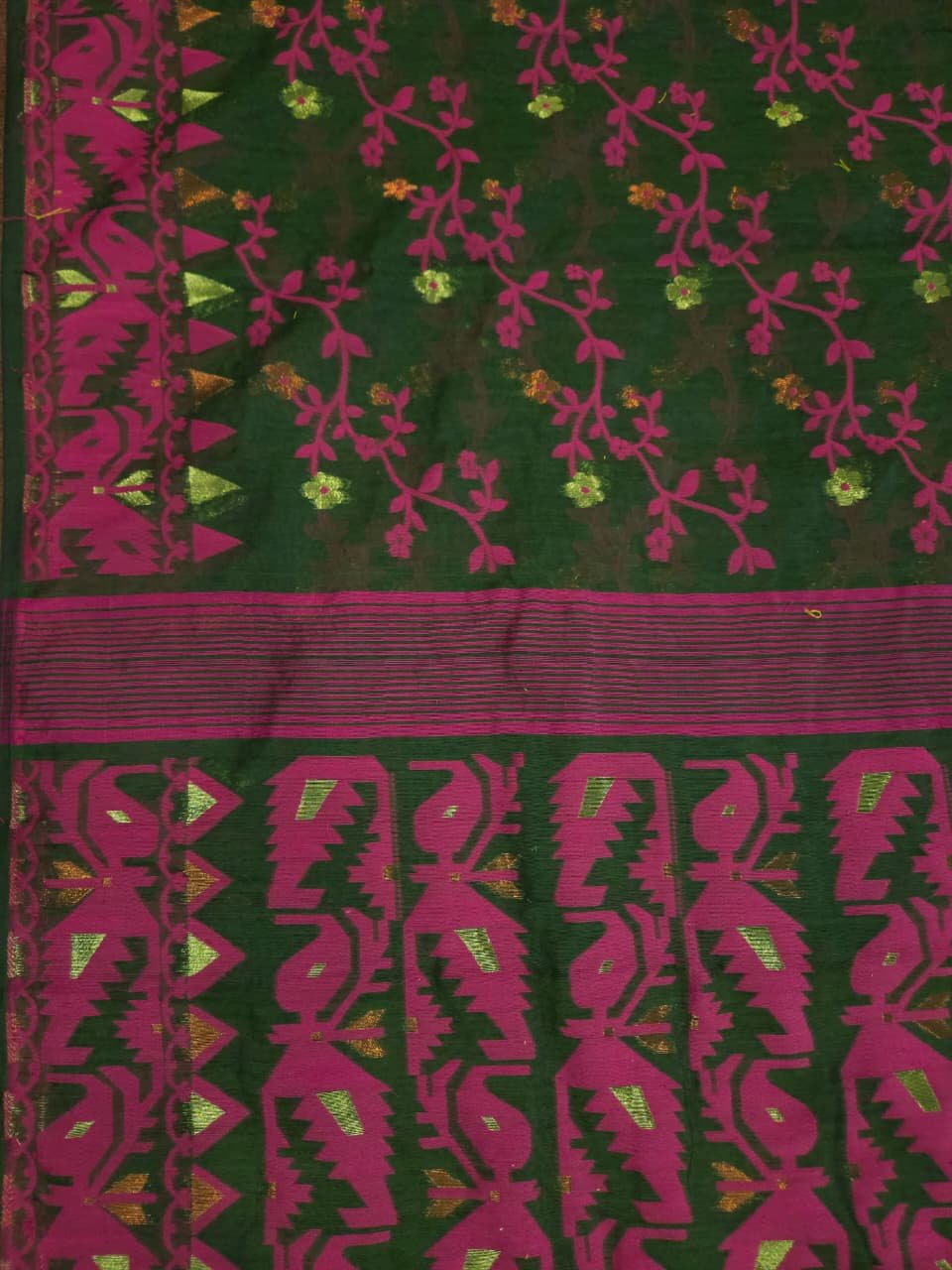 Ikkat Lota Soft Dhakai Jamdani Saree With Blouse Piece - Bottle Green