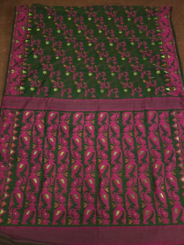 Ikkat Lota Soft Dhakai Jamdani Saree With Blouse Piece - Bottle Green