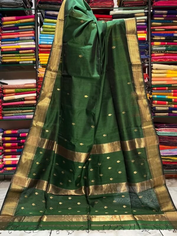 Maheshwari Design Handloom Cotton Silk Sari with Blouse Piece - Bottle Green