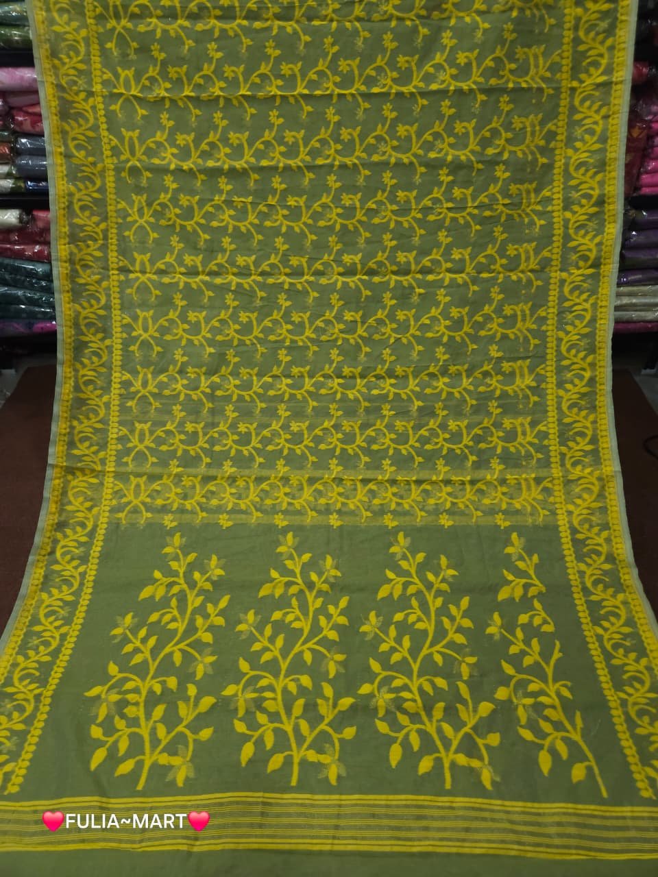 Lota Pata Soft Jamdani Saree with Blouse Piece - Camo Green
