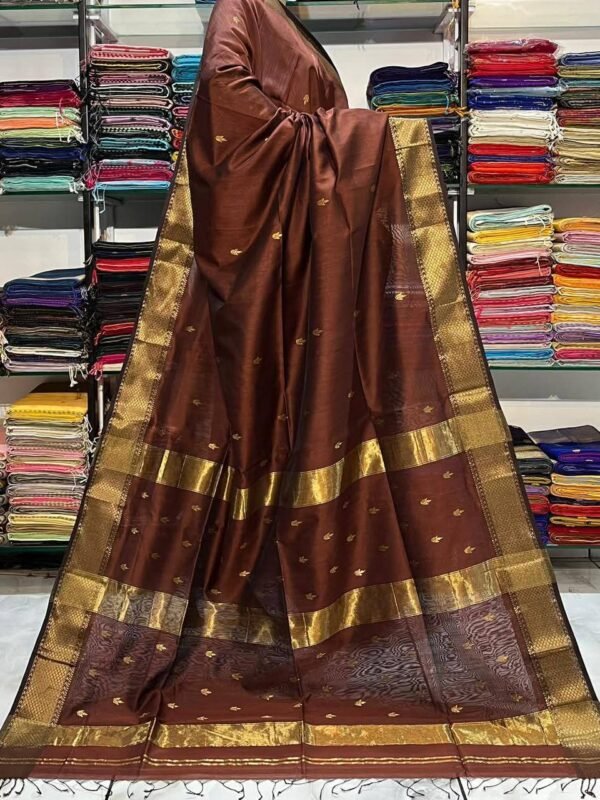 Maheshwari Design Handloom Cotton Silk Sari with Blouse Piece - Coffee