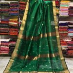Maheshwari Design Handloom Cotton Silk Sari with Blouse Piece - Dark Green