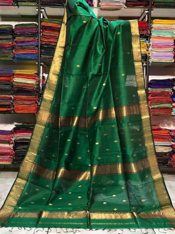 Maheshwari Design Handloom Cotton Silk Sari with Blouse Piece - Dark Green