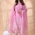 2 Piece Unstitched Jamdani Churidar Set - Dull Pink