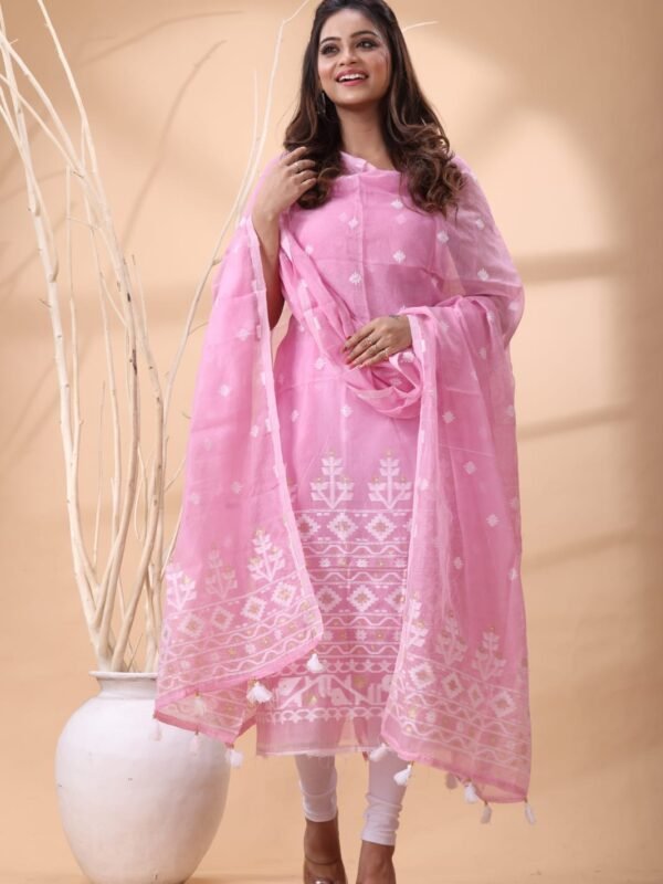 2 Piece Unstitched Jamdani Churidar Set - Dull Pink