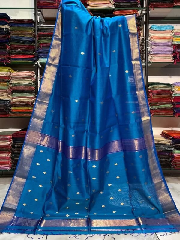 Maheshwari Design Handloom Cotton Silk Sari with Blouse Piece - French Blue