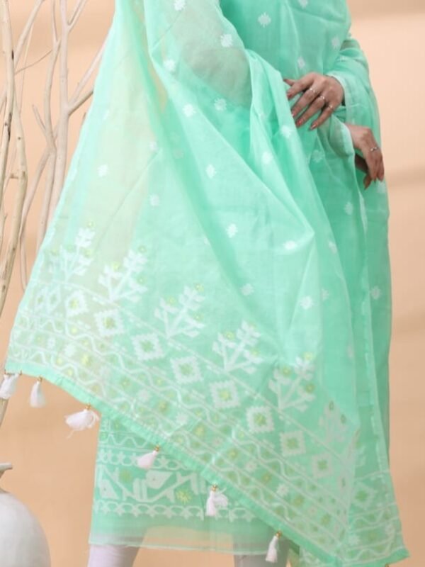 2 Piece Unstitched Jamdani Churidar Set - Greeny Blue