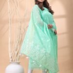 2 Piece Unstitched Jamdani Churidar Set - Greeny Blue