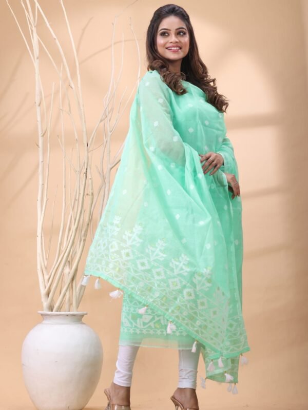 2 Piece Unstitched Jamdani Churidar Set - Greeny Blue