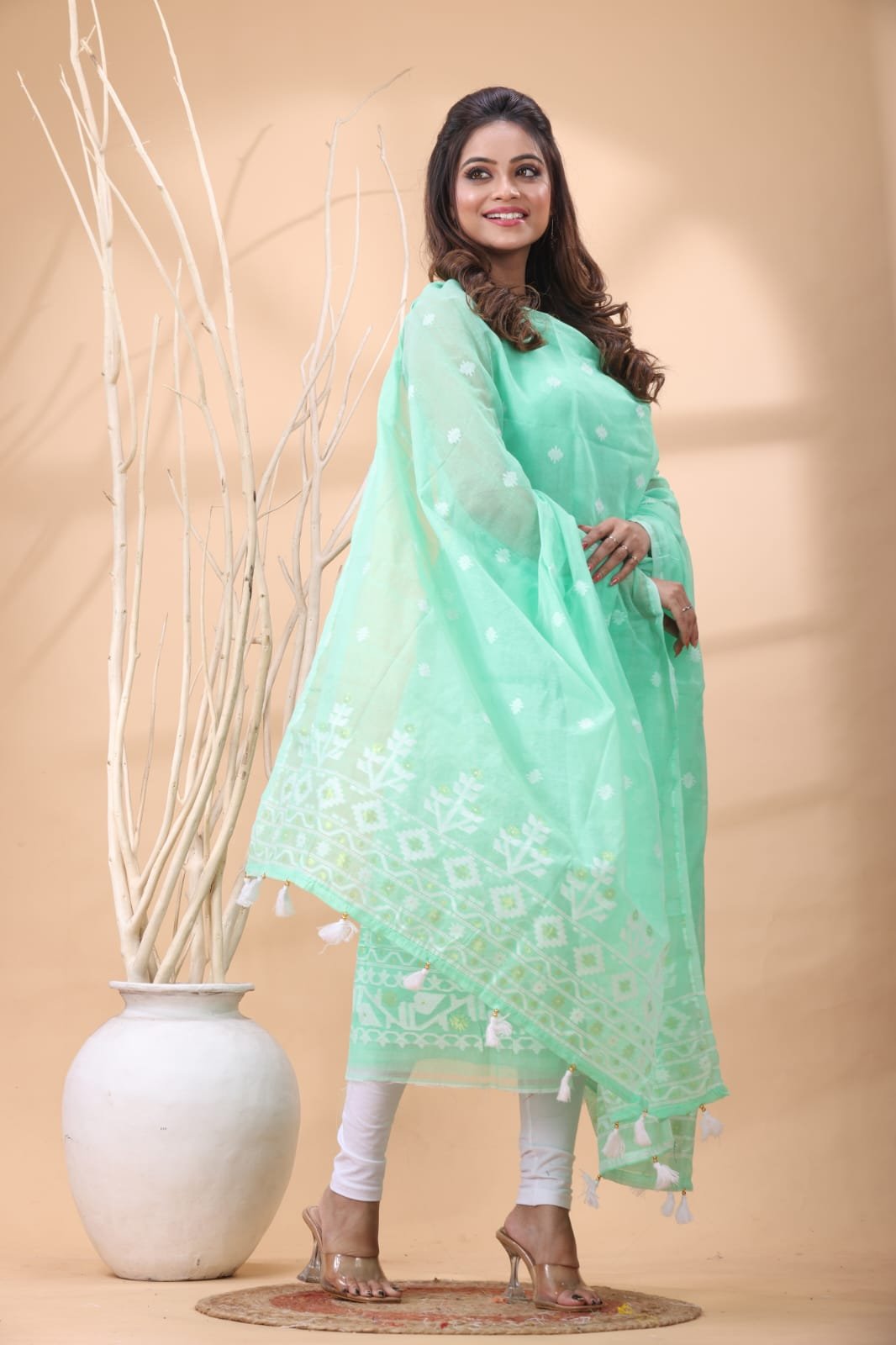 2 Piece Unstitched Jamdani Churidar Set - Greeny Blue