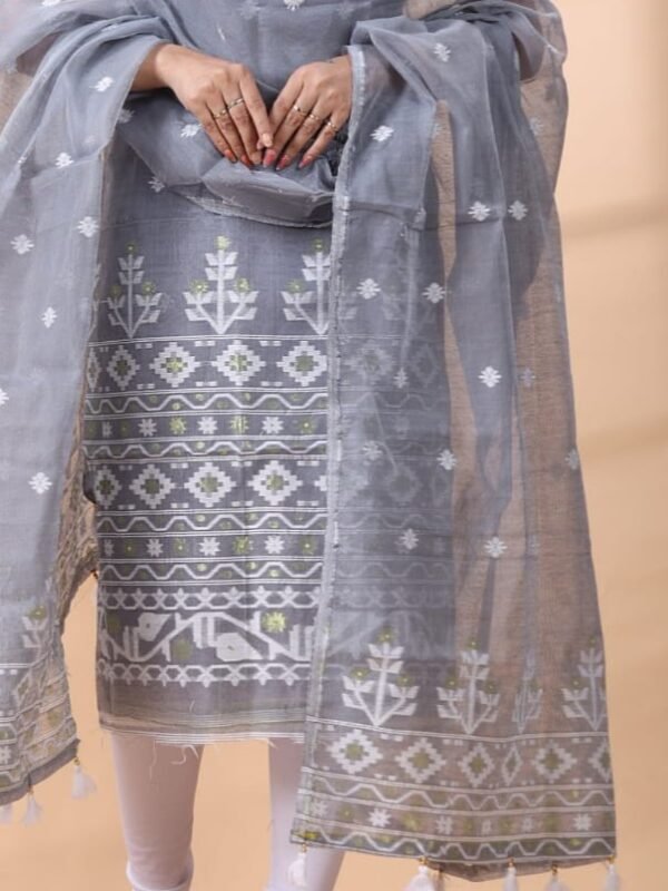 2 Piece Unstitched Jamdani Churidar Set - Grey