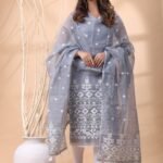 2 Piece Unstitched Jamdani Churidar Set - Grey