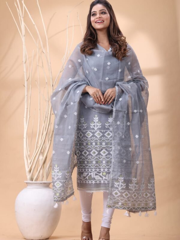 2 Piece Unstitched Jamdani Churidar Set - Grey