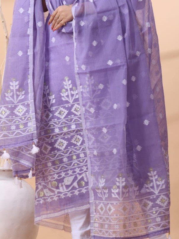 2 Piece Unstitched Jamdani Churidar Set - Lavender Purple