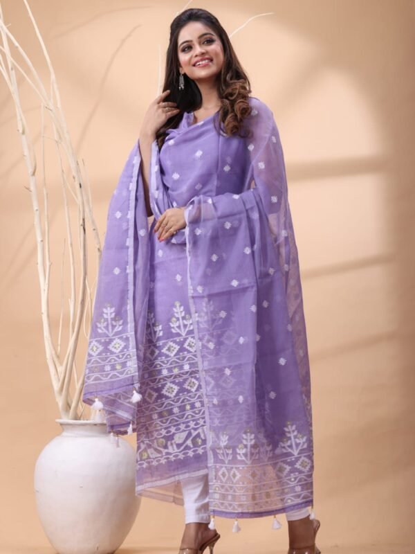 2 Piece Unstitched Jamdani Churidar Set - Lavender Purple