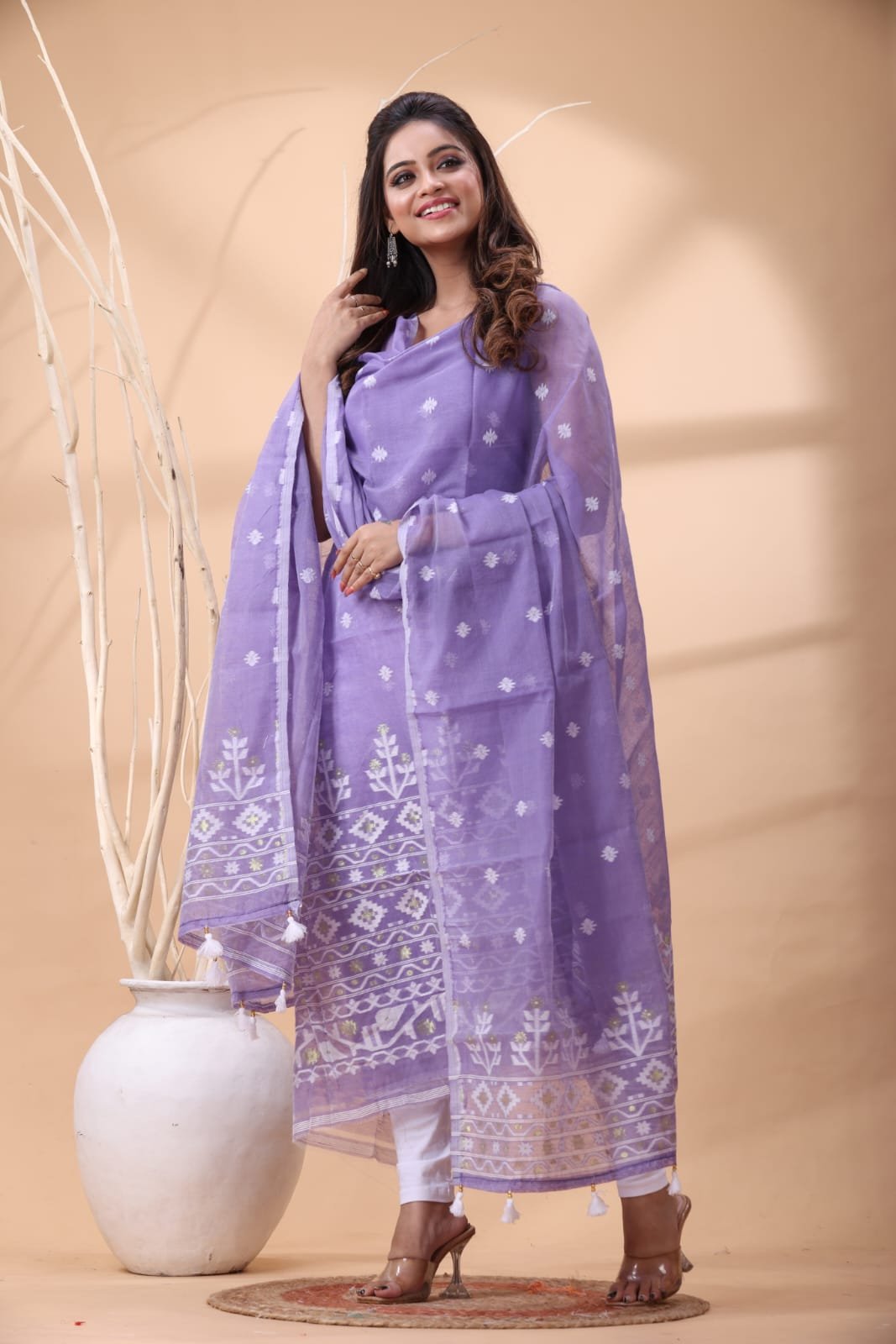 2 Piece Unstitched Jamdani Churidar Set - Lavender Purple