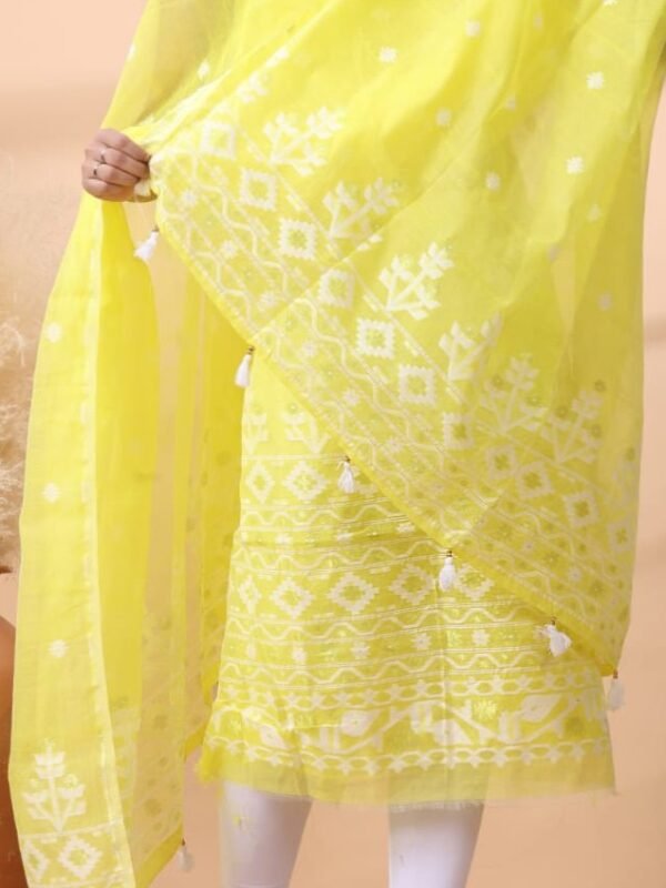 2 Piece Unstitched Jamdani Churidar Set - Lemon Yellow
