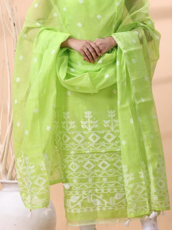 2 Piece Unstitched Jamdani Churidar Set - Light Olive