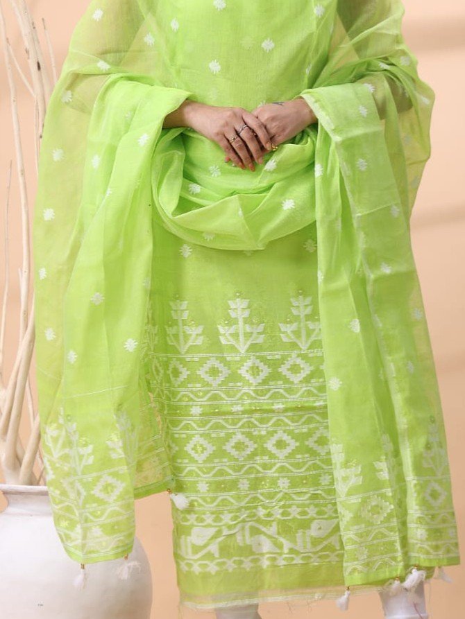 2 Piece Unstitched Jamdani Churidar Set - Light Olive