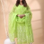 2 Piece Unstitched Jamdani Churidar Set - Light Olive