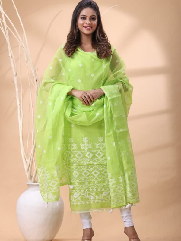 2 Piece Unstitched Jamdani Churidar Set - Light Olive