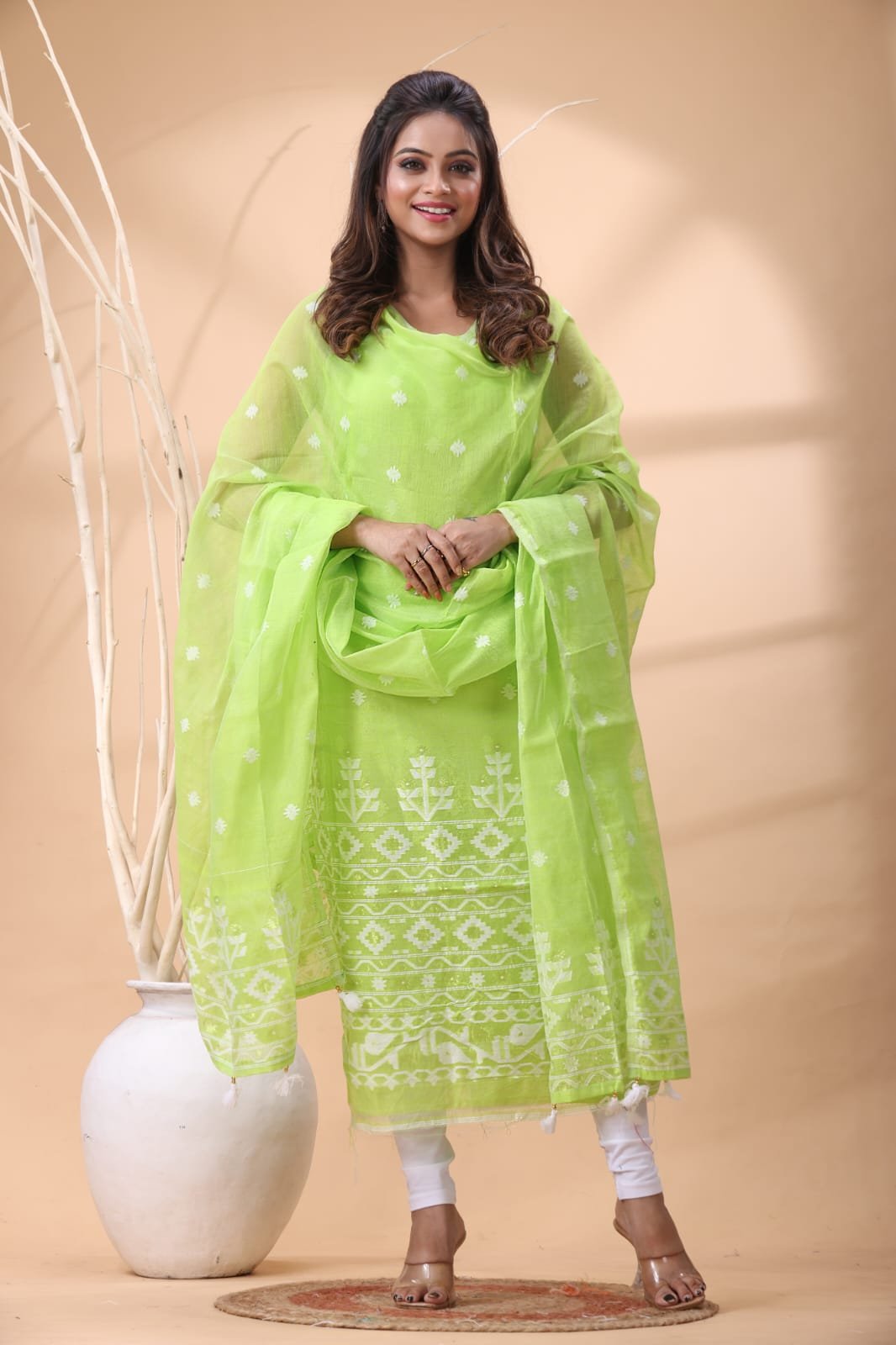 2 Piece Unstitched Jamdani Churidar Set - Light Olive