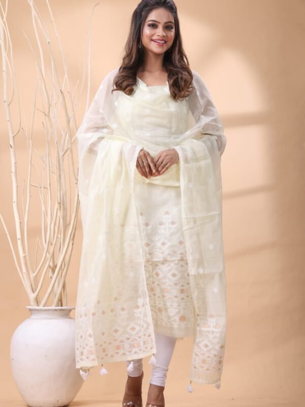 2 Piece Unstitched Jamdani Churidar Set - Off White