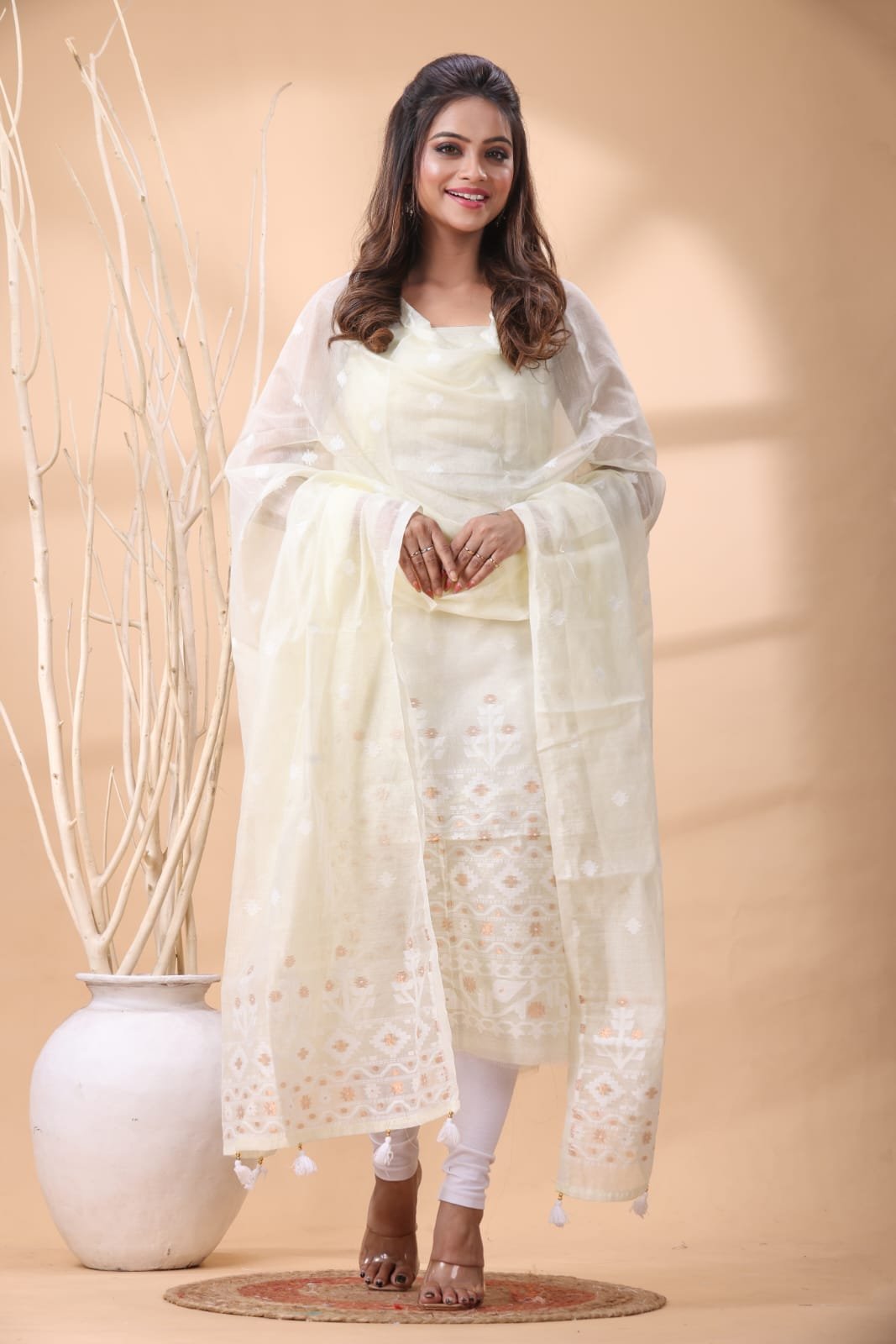 2 Piece Unstitched Jamdani Churidar Set - Off White